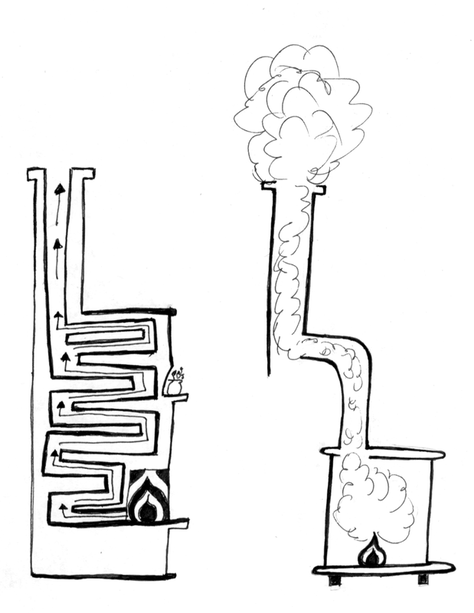 Two sketches of how a masonry heater works. On the left it shows the passage of heated air through the heater while on the right it shows the smoke leaving through the chimney. 
